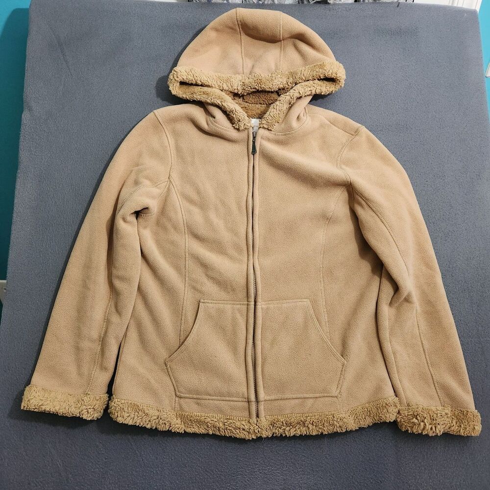Green Tea Women M Tan Full Zip Hooded Faux Fur Fleece Lined Jacket
